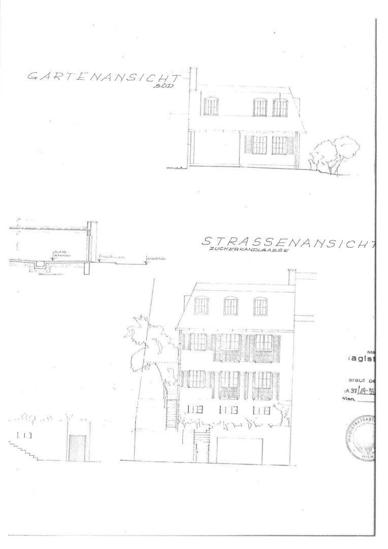 Detaillierte Garten- und Straßenansichten des Hauses mit architektonischen Merkmalen.