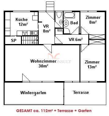 Grundriss des Erdgeschosses mit Wohnzimmer, Küche, Wintergarten und Terrasse.