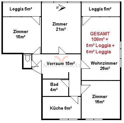 Grundriss der Wohnung mit mehreren Zimmern, Bad, separatem WC und zwei Loggien.