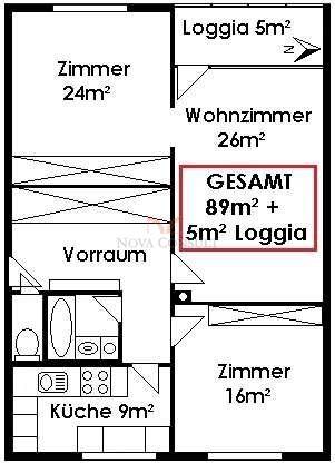 Grundriss zeigt eine Wohnung mit drei Zimmern, Küche, Vorraum und Loggia.