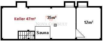 Grundriss des Kellergeschosses mit Sauna und verschiedenen Abstellräumen.