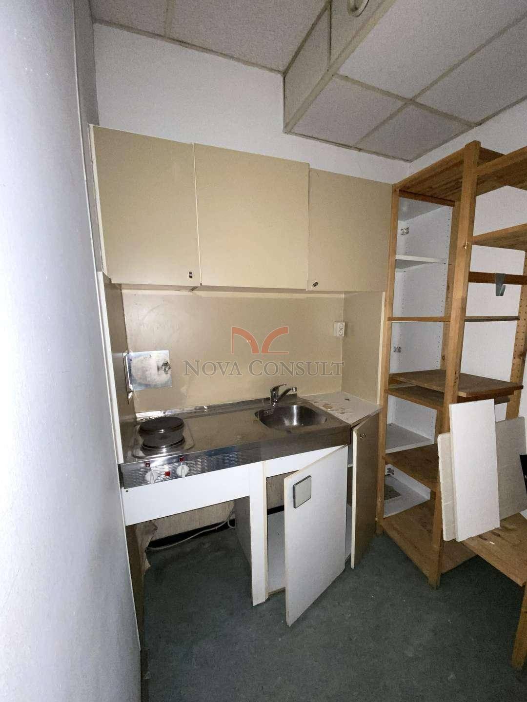 Kleine Küchenzeile mit Spüle, Kochplatte und Oberschränken, ideal für eine Teeküche.