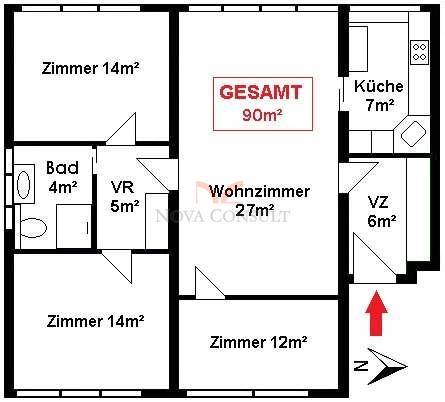 Grundriss der Wohnung mit einer Gesamtfläche von 90m² und vier Zimmern.