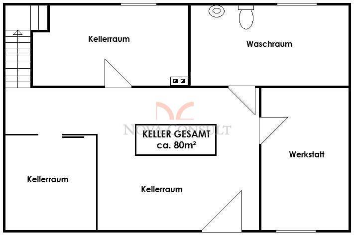 Grundriss des Kellergeschosses mit mehreren Kellerräumen und einem Waschraum.