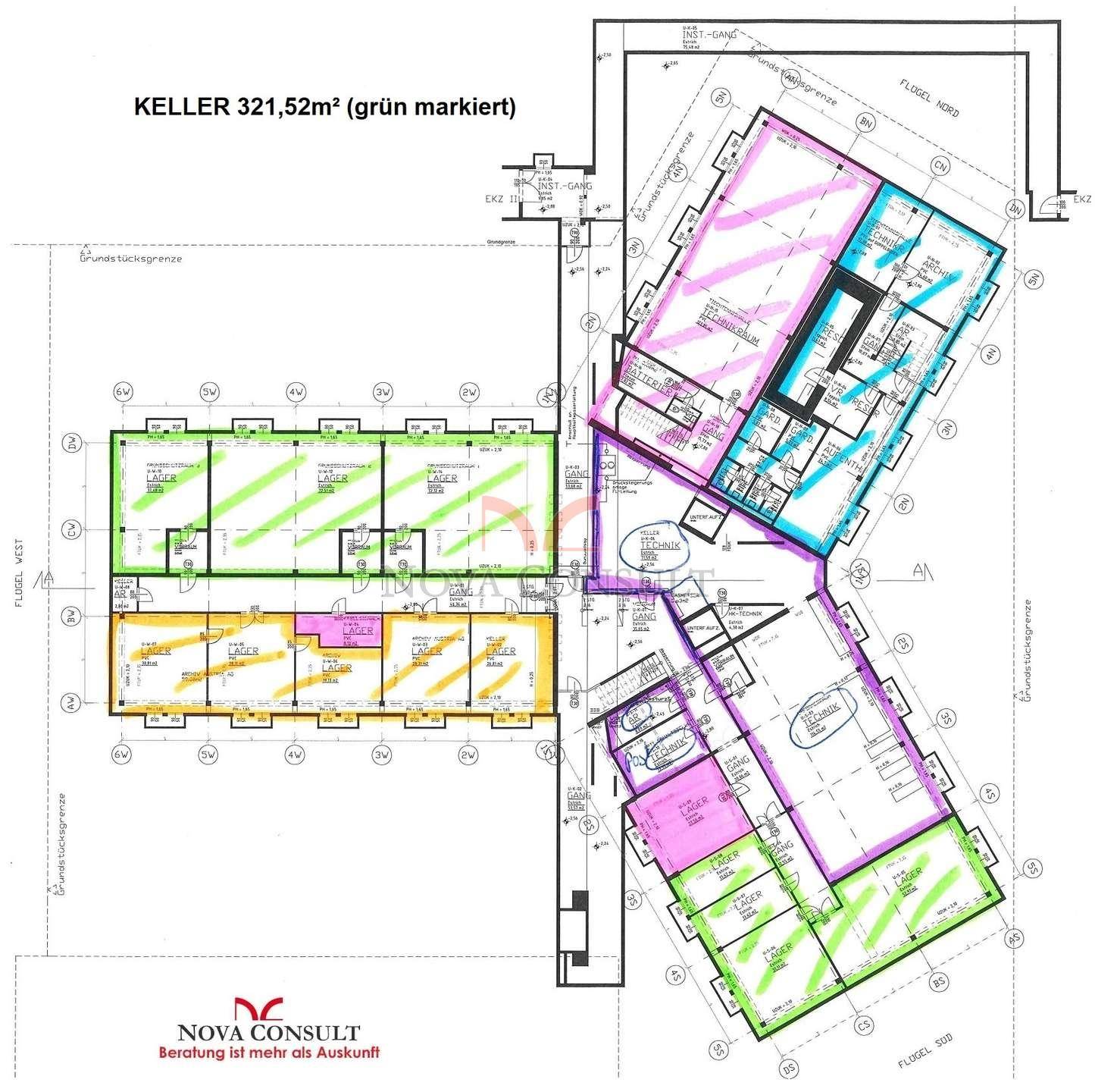 Farbiger Grundriss des Kellers mit 321,52m² und verschiedenen markierten Bereichen für unterschiedliche Nutzungen.
