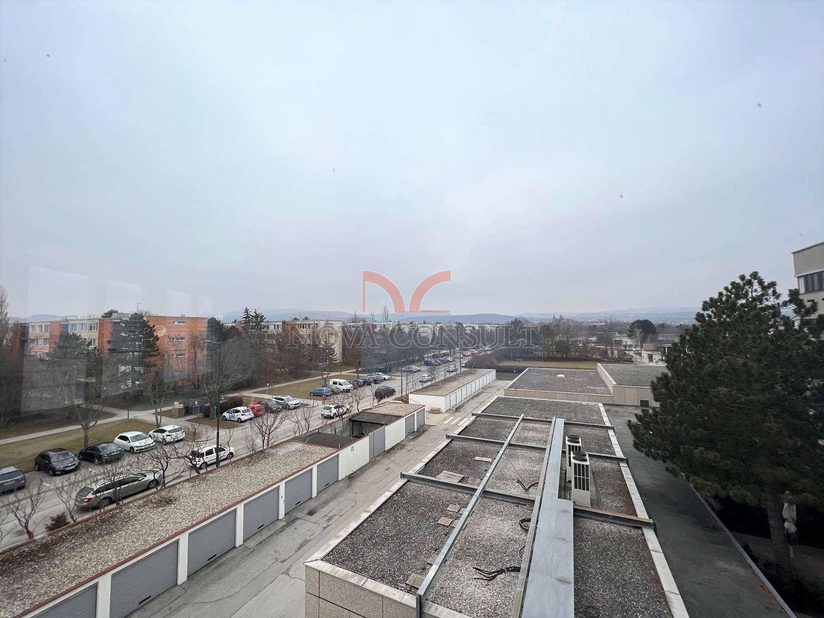 Weitblick von einem oberen Stockwerk über Dächer, Garagen und eine belebte Straße mit parkenden Autos.