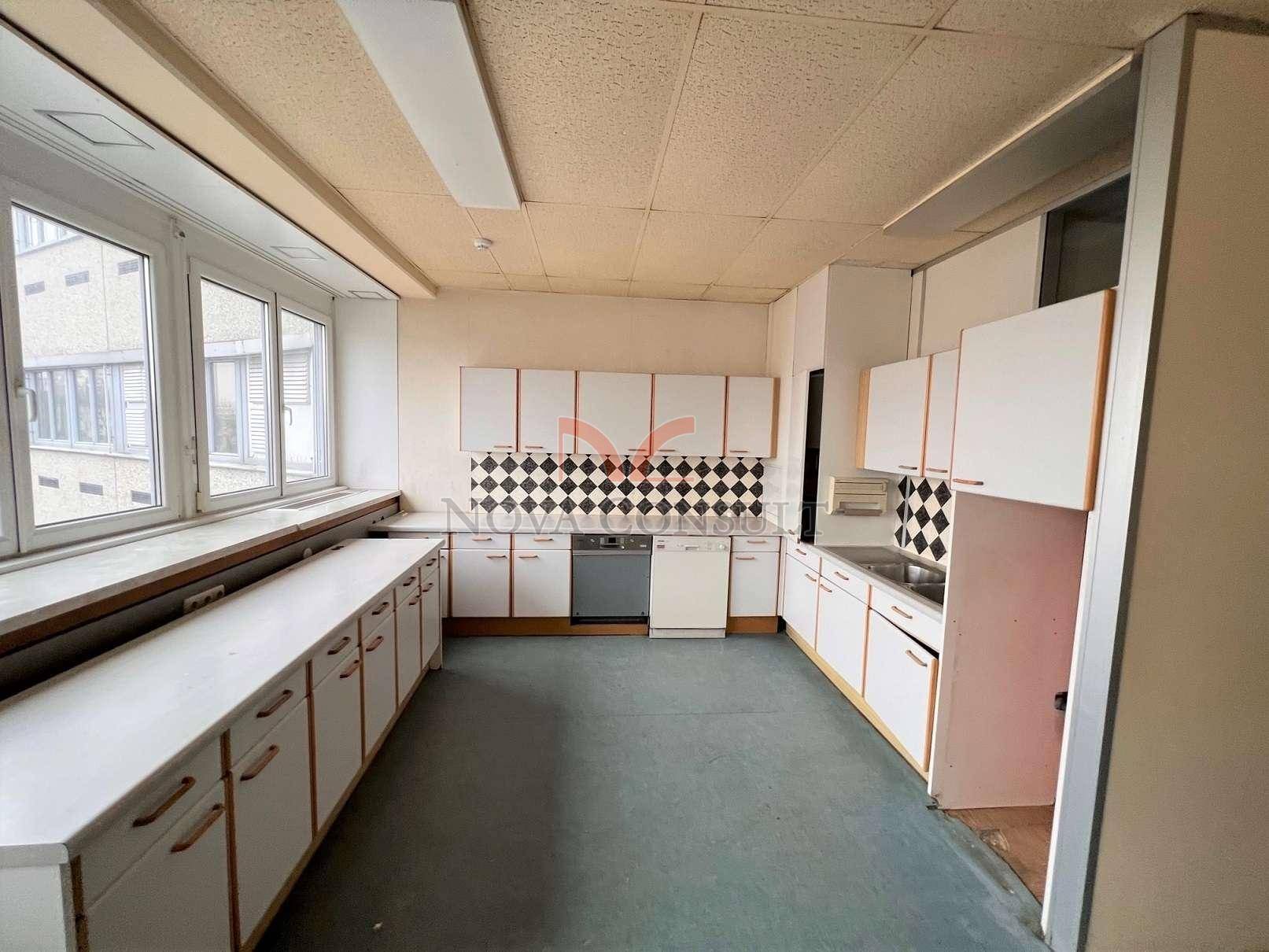 Funktionale Küche mit weißen Schränken, kariertem Fliesenspiegel und Blick nach draußen durch die Fenster.