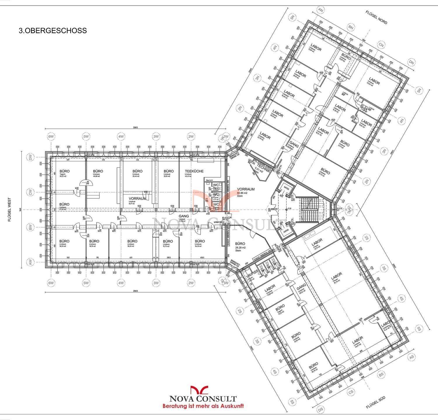 Detaillierter Grundriss des 3. Obergeschosses mit Büros, Laboren, Teeküche und Sanitäranlagen.