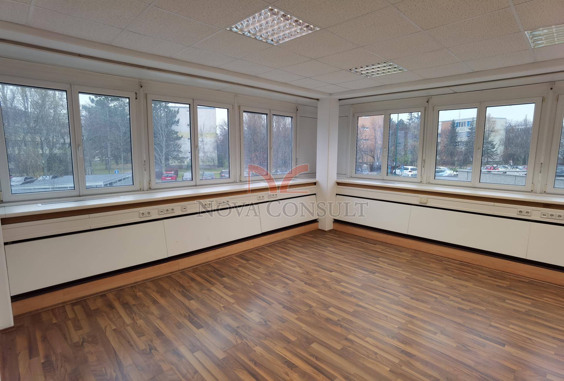Helles Büro mit einer langen Fensterfront, die viel Tageslicht hereinlässt und einen Blick ins Grüne bietet.