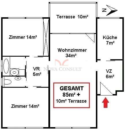 Grundriss der Wohnung mit 85m² Wohnfläche und 10m² Terrasse, inklusive Zimmeraufteilung.