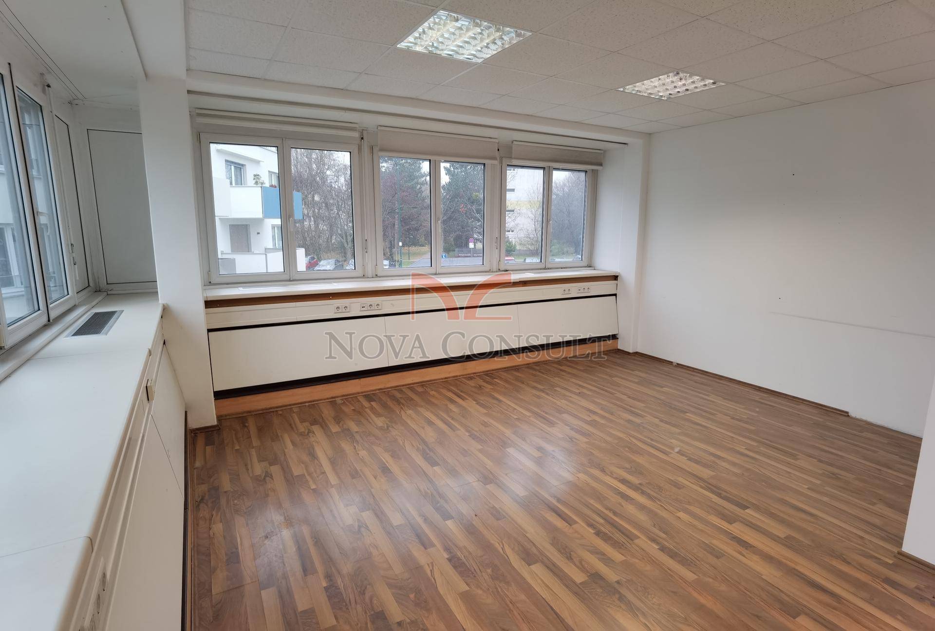 Büro mit Holzboden und Fenstern, die viel natürliches Licht hereinlassen und einen Blick nach draußen bieten.