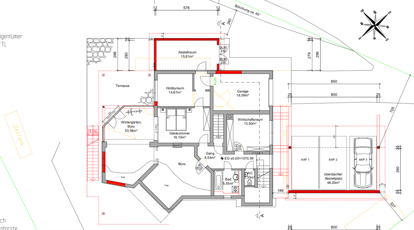 Grundriss des Erdgeschosses mit Hobbyraum, Gästezimmer, Büro und Garage.