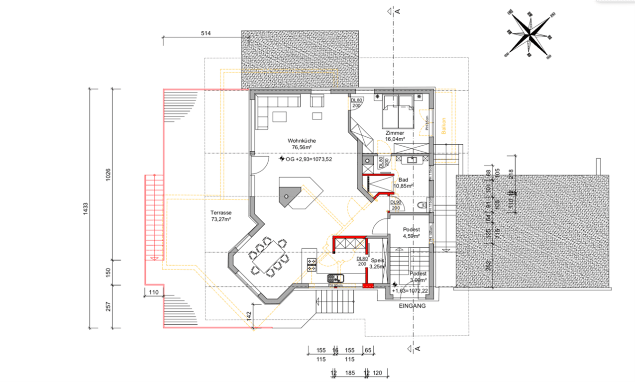 Grundriss des Obergeschosses mit Wohnküche, Schlafzimmer und großer Terrasse.