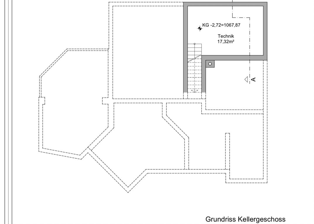 Grundriss des Kellergeschosses mit Technikraum und weiteren Nutzflächen.