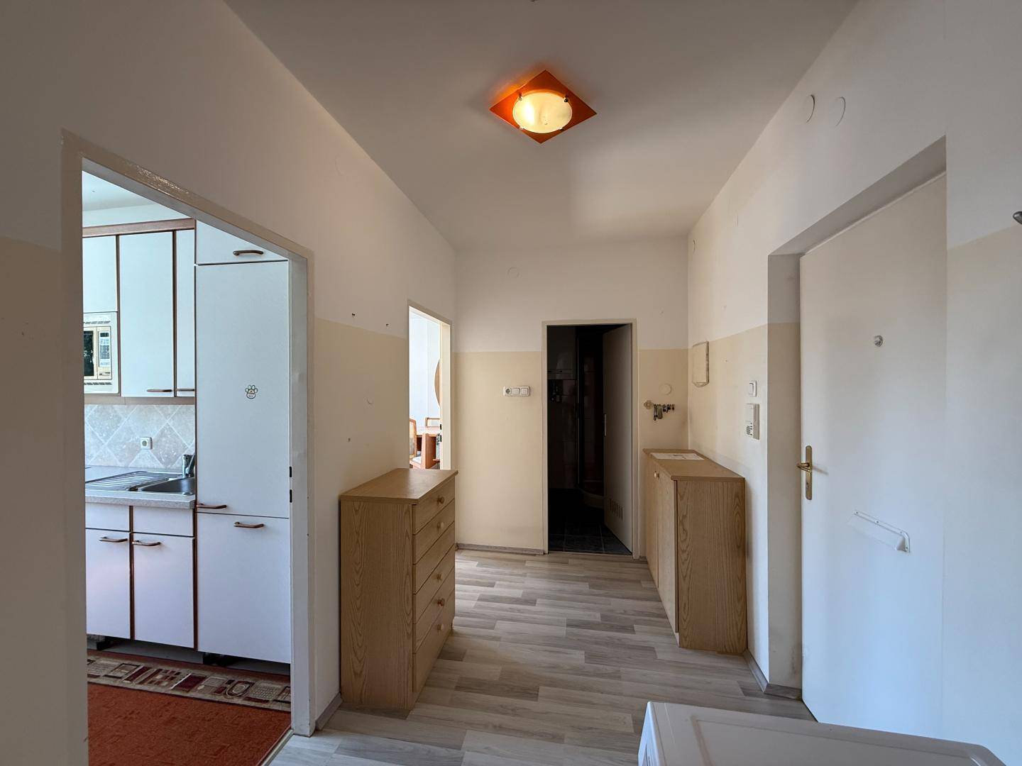 Heller Flur mit Holzkommoden und Zugang zu weiteren Räumen, inklusive der Küche.