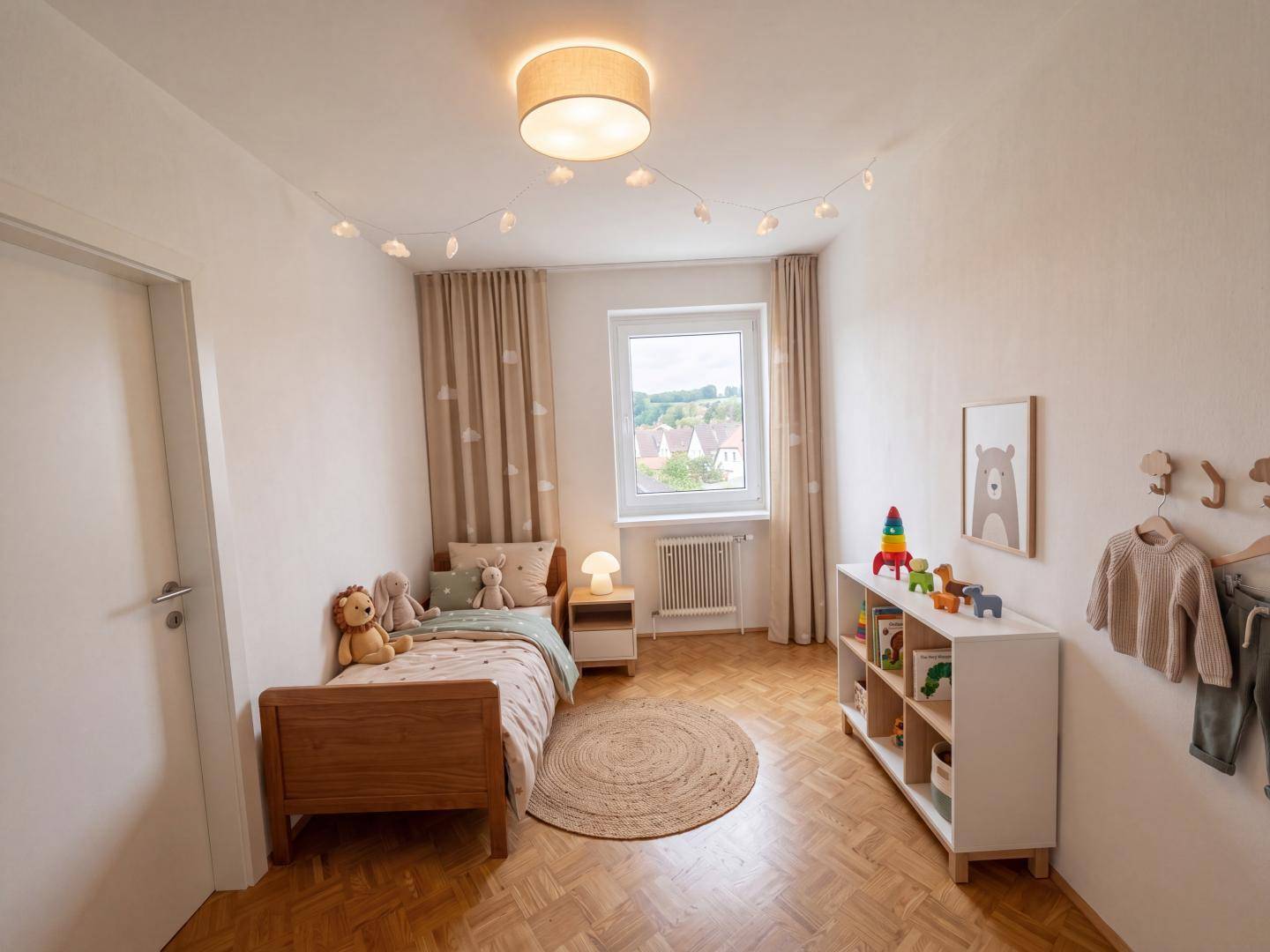 Gemütliches Kinderzimmer mit Holzboden, Einzelbett und kindgerechter Dekoration.