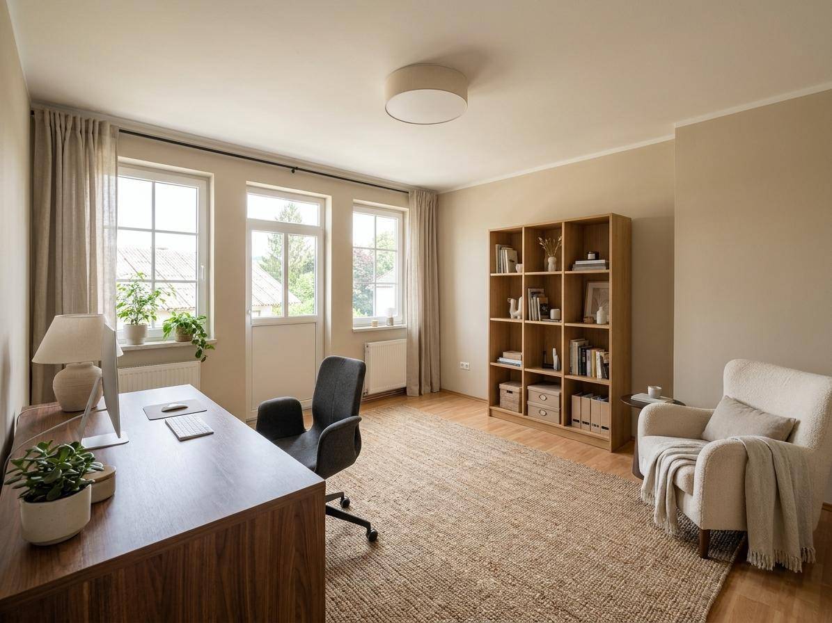Modern eingerichtetes Arbeitszimmer mit Schreibtisch, Bücherregal und Teppichboden.