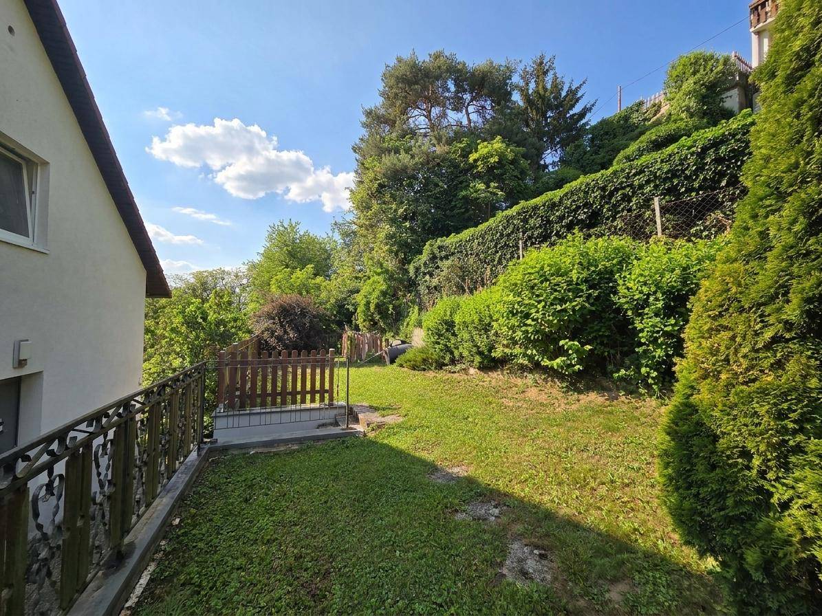 Gepflegter Gartenbereich mit Rasenfläche und Hecken, umgeben von üppigem Grün.