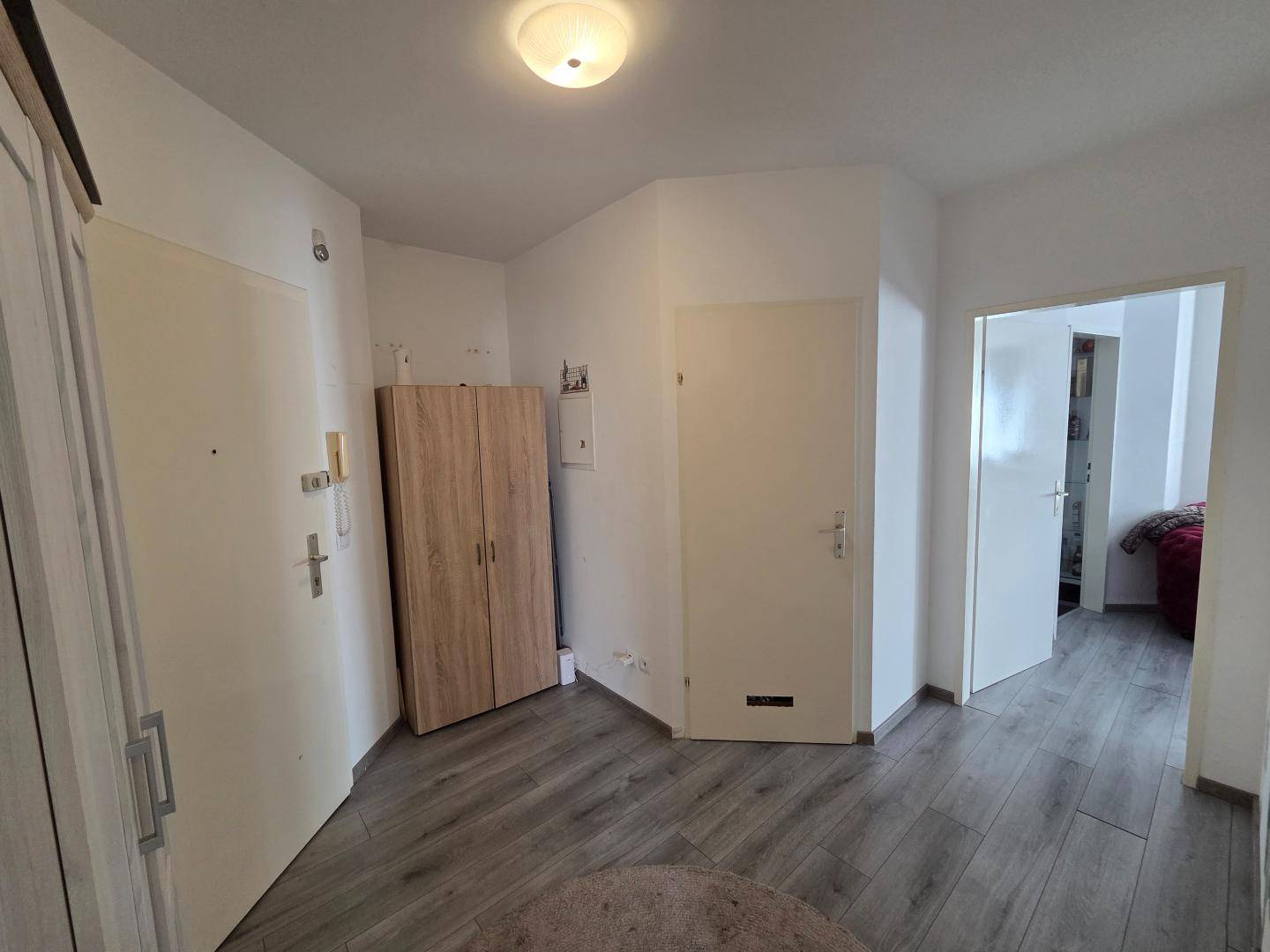Heller Flur mit Laminatboden und Zugang zu verschiedenen Räumen der Wohnung.
