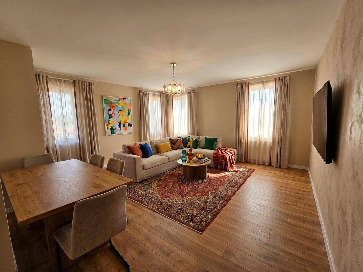Heller Wohn- und Essbereich mit Holzboden, beigem Sofa und farbenfrohem Teppich.