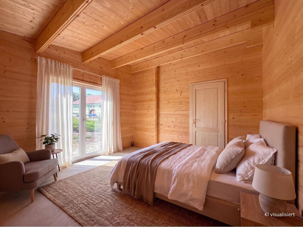 Visualisiertes Schlafzimmer mit Doppelbett, Nachttisch und großem Fenster mit Zugang zum Außenbereich.