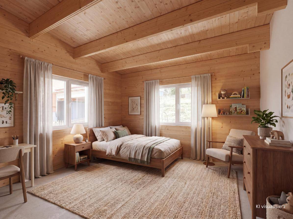 Visualisiertes Schlafzimmer mit Einzelbett, Schreibtisch und zwei Fenstern, die den Raum hell erscheinen lassen.