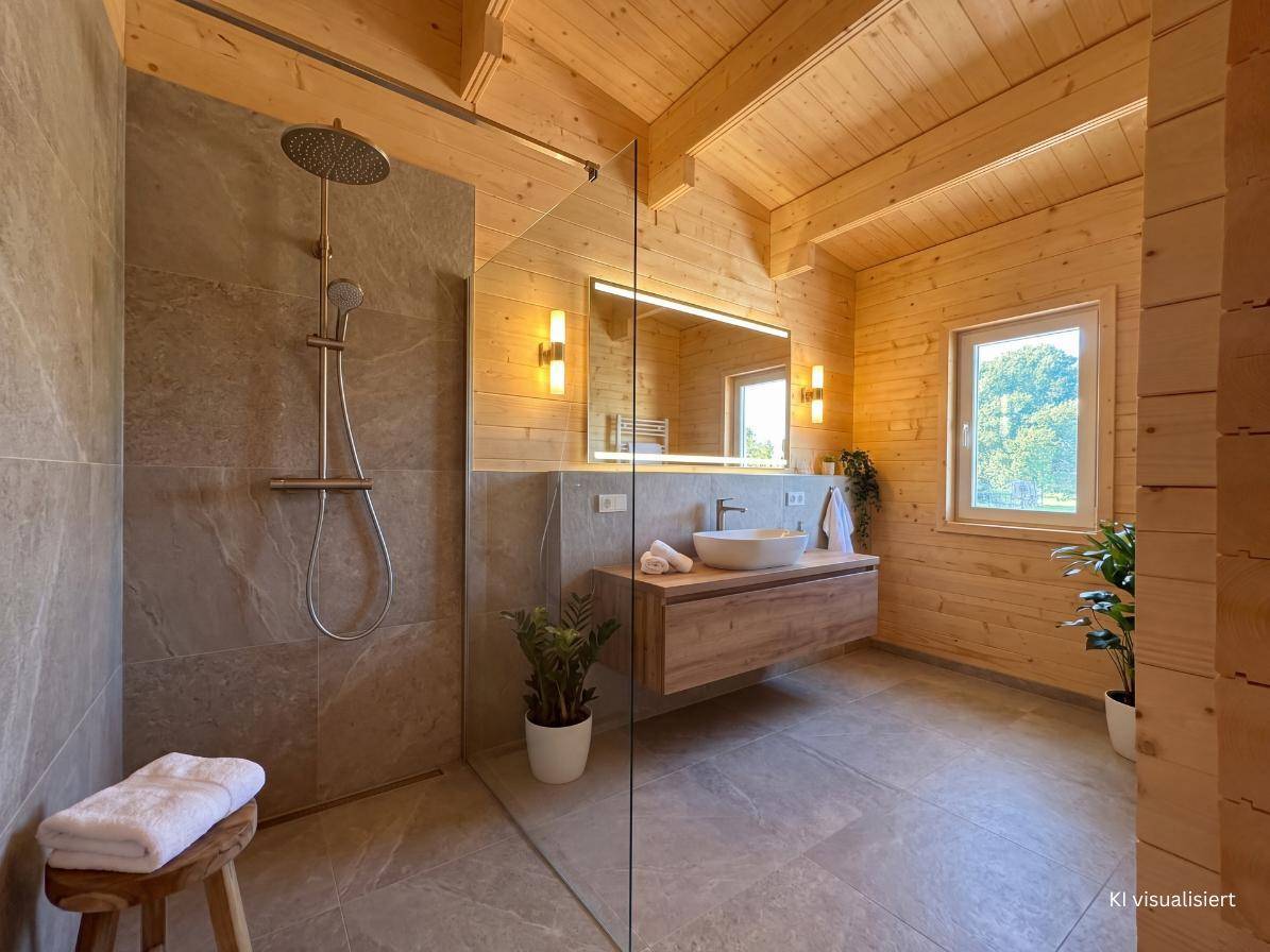 Visualisiertes modernes Badezimmer mit begehbarer Dusche, Holzwaschtisch und Fenster für Tageslicht.