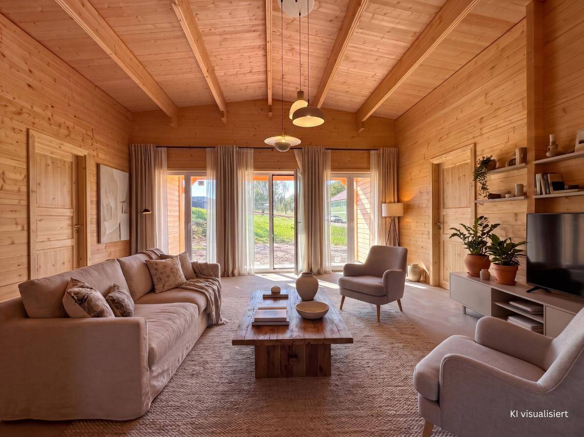 Visualisiertes Wohnzimmer mit gemütlichem Sofa, Teppich und großen Fenstern, die viel Tageslicht hereinlassen.