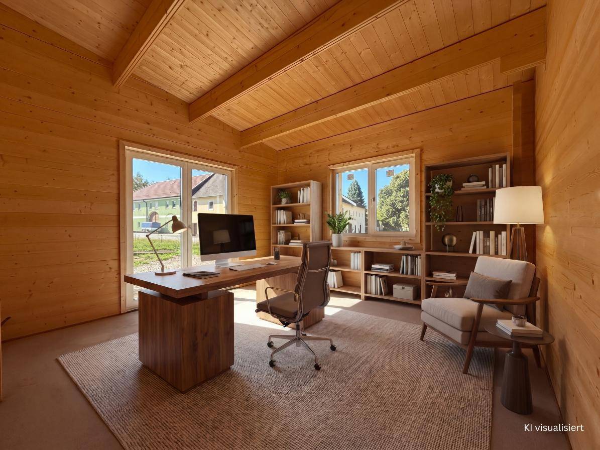 Visualisiertes Büro mit großem Schreibtisch, Bücherregalen und Fenstern, die einen Blick ins Grüne bieten.