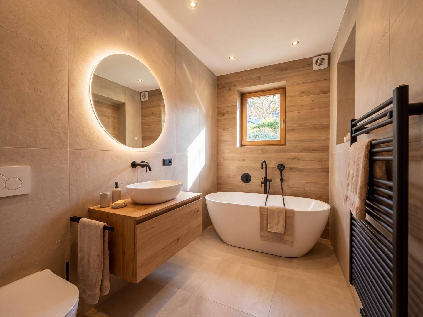 Modernes Badezimmer mit freistehender Badewanne, Holzwaschtisch und beleuchtetem Spiegel.