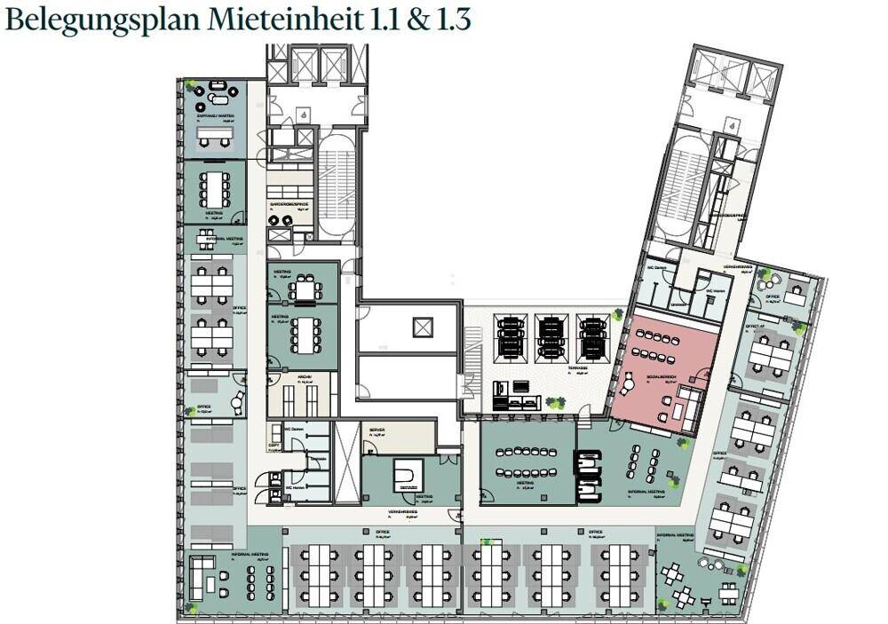 Detaillierter Belegungsplan für Mieteinheiten 1.1 und 1.3 mit verschiedenen Bürobereichen.