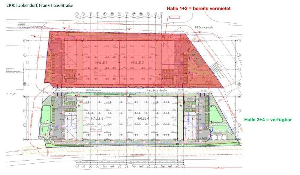 Grundrissplan der Industriehallen mit vier Sektionen, zwei davon bereits vermietet und zwei verfügbar.