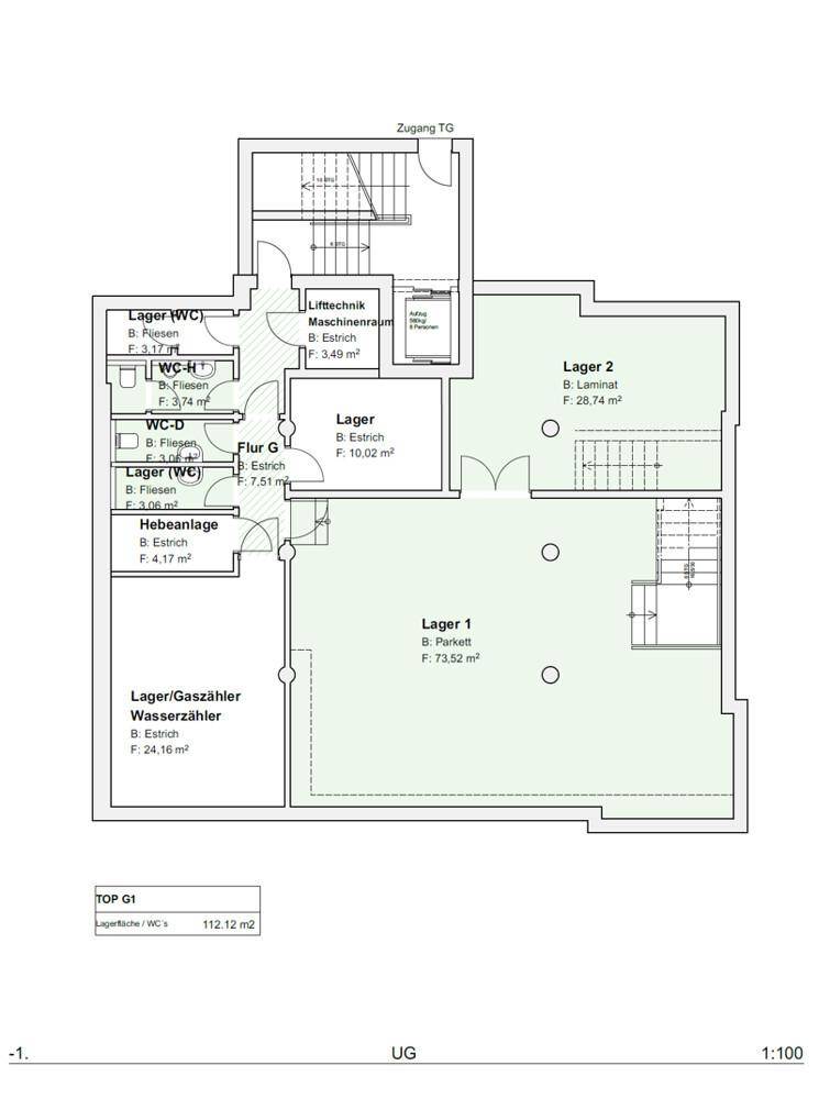 Grundriss des Untergeschosses mit mehreren Lagerräumen, Toiletten und Technikbereichen.