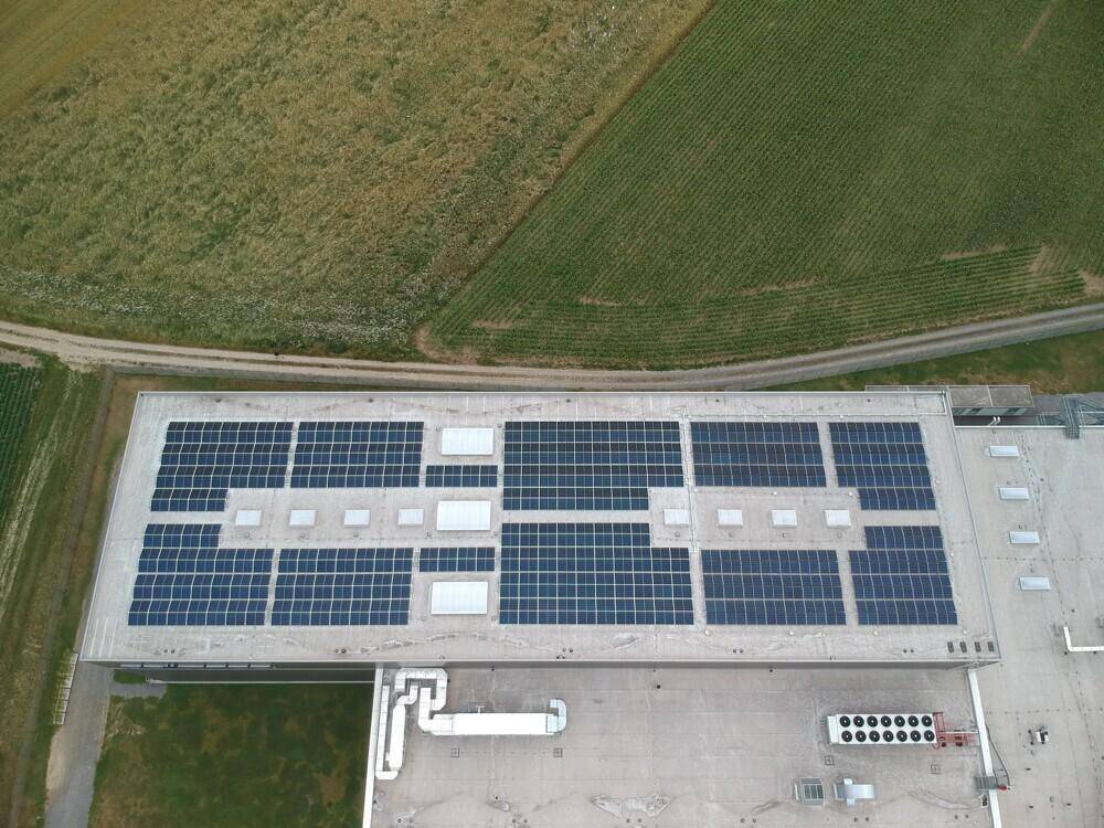 Nahaufnahme des Daches eines Industriegebäudes mit zahlreichen installierten Photovoltaikmodulen.