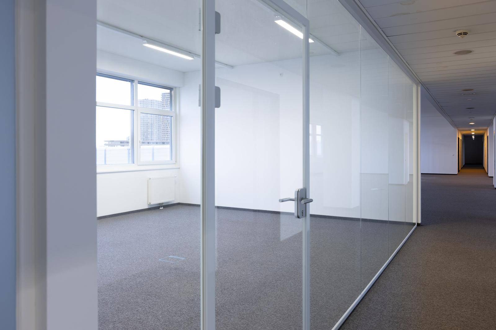 Helles, leeres Büro mit Teppichboden, großen Fenstern und einer Glaswand zum Flur.