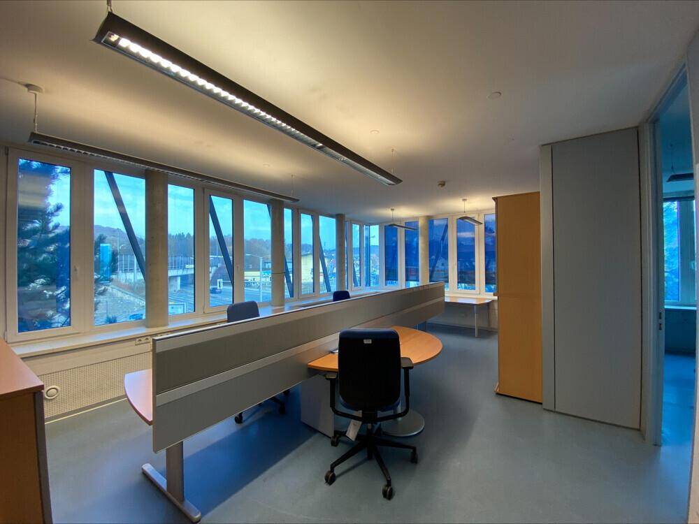 Offener Bürobereich mit mehreren Arbeitsplätzen, großen Fenstern und blauer Bodengestaltung.