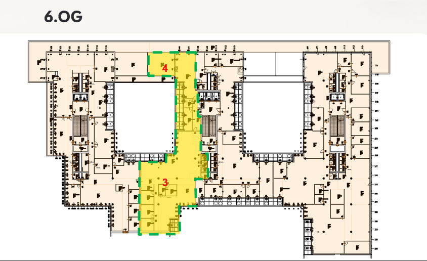 Grundriss des 6. Obergeschosses eines Gebäudes mit mehreren Büroeinheiten und zentralem Treppenhaus.