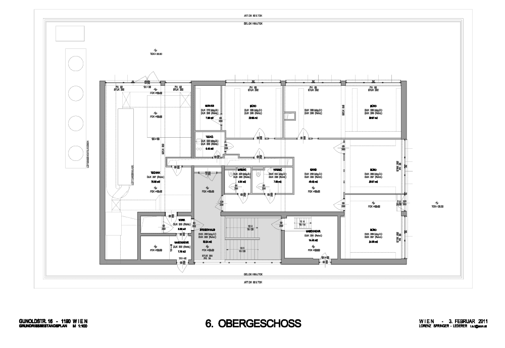 Grundriss des sechsten Obergeschosses mit Büros, Technikraum, Lager und Sanitäranlagen.