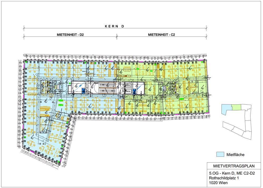 Mietvertragsplan für die 5. Etage mit klar definierten Mietbereichen und der Gebäudestruktur.