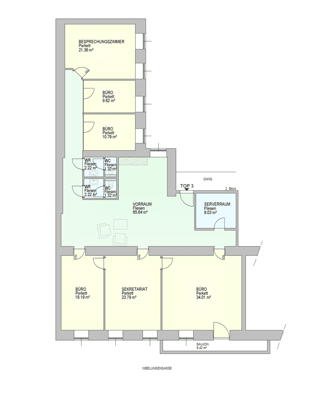 Detaillierter Grundriss mit mehreren Büroräumen, Besprechungszimmer, Sekretariat und einem Balkon.