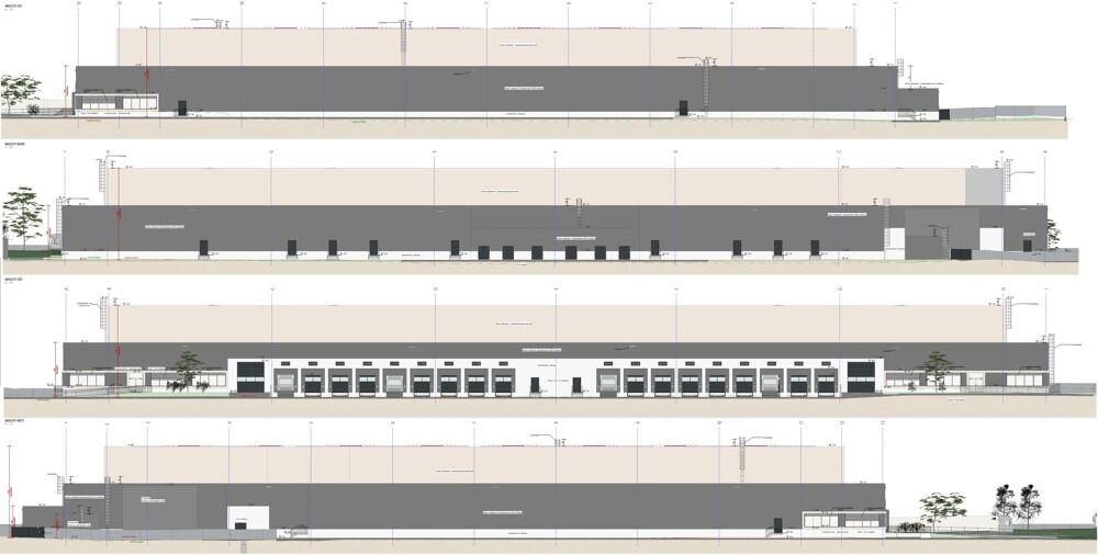 Ansichtspläne des Gebäudes von allen Seiten, mit Details zu Fassade und Laderampen.