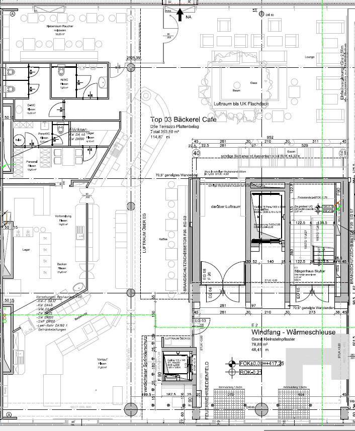 Detaillierter Grundriss eines Gewerbeobjekts mit Bäckerei, Café und Lounge-Bereichen.