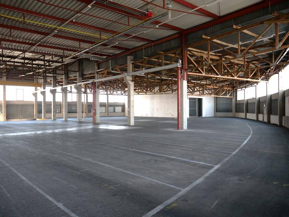 Geräumige Lagerhalle mit Betonboden, sichtbaren Holz- und Stahlträgern und Fenstern entlang der Seitenwand.
