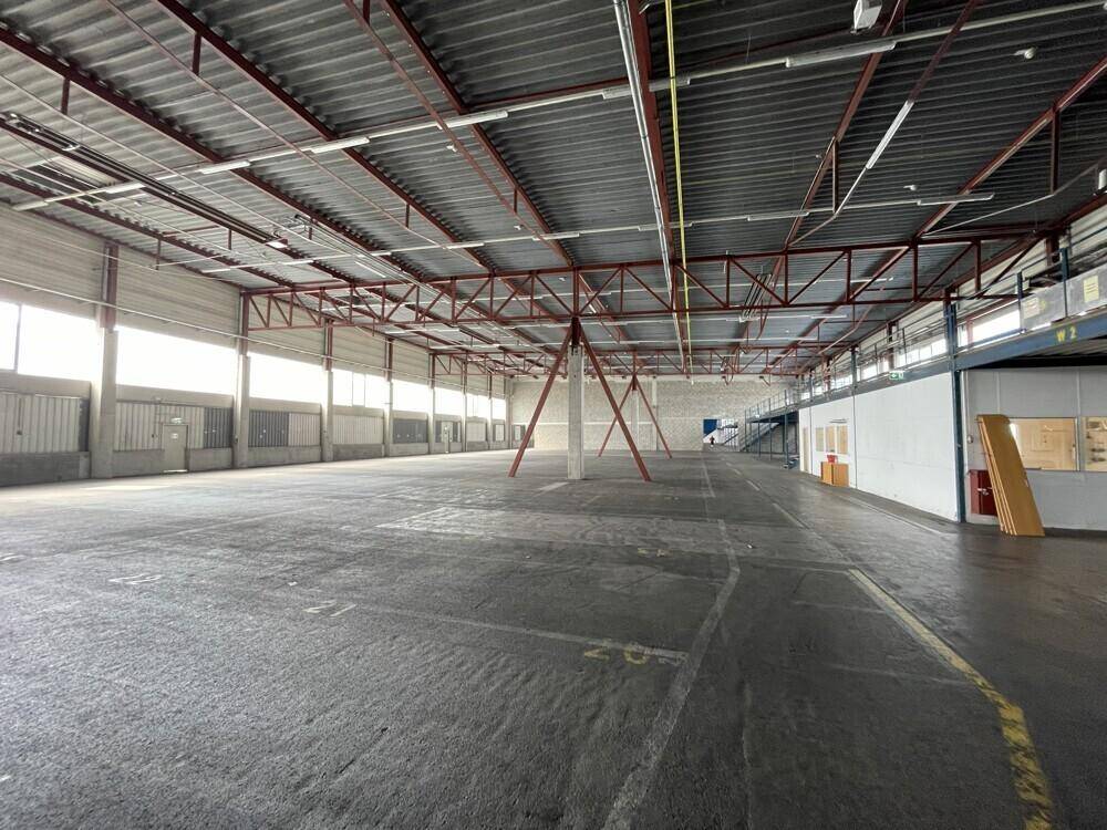 Große, leere Lagerhalle mit Betonboden, roten Stahlträgern und viel Tageslicht durch die Fenster.