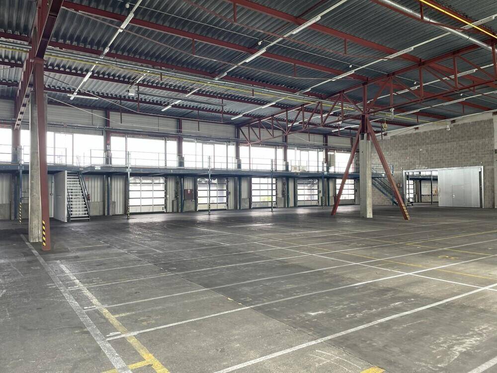 Weitläufige Lagerhalle mit Betonboden, hohen Decken und mehreren Rolltoren sowie einer oberen Ebene.