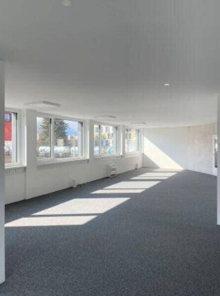 Heller und geräumiger Bürobereich mit Teppichboden und großen Fenstern, die den Raum mit Sonnenlicht füllen.