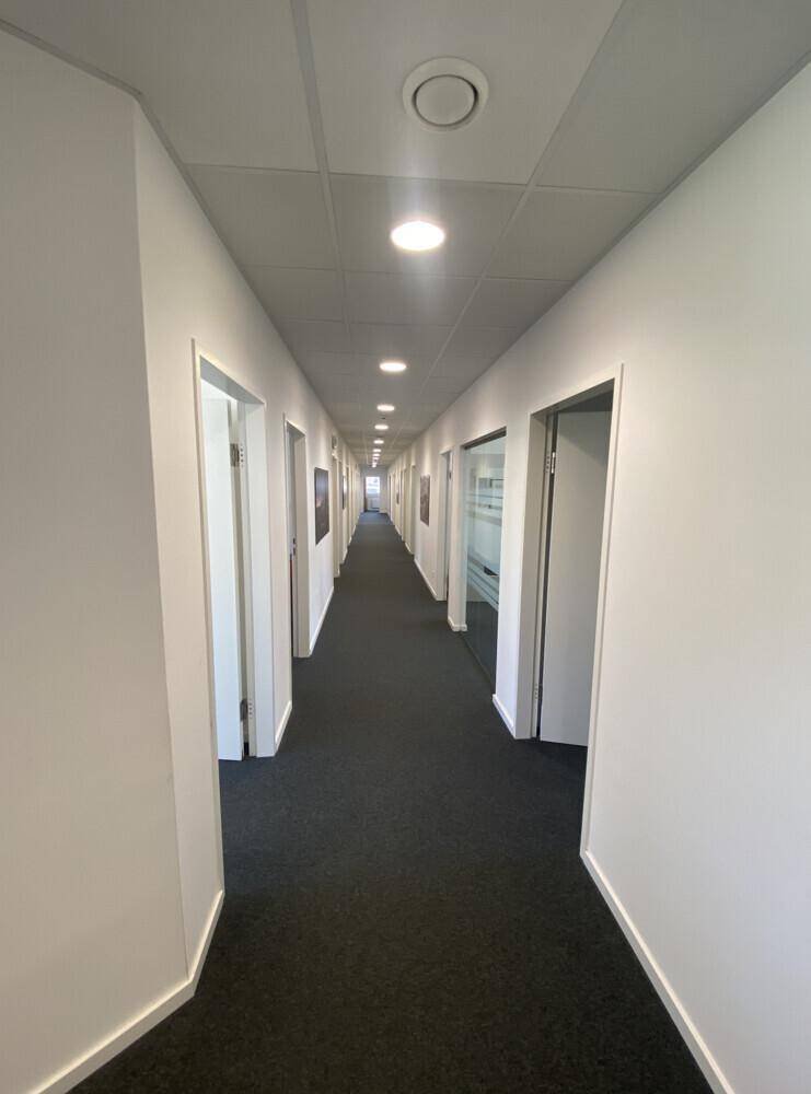 Langer, gut beleuchteter Büroflur mit vielen Türen und dunklem Teppichboden.