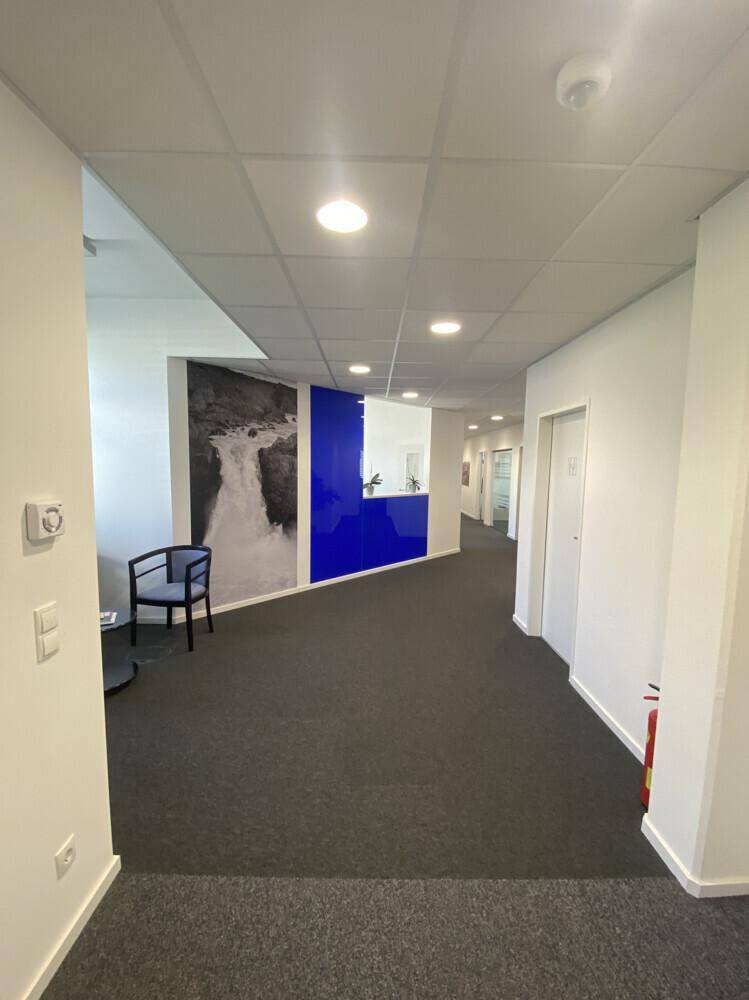 Heller Bürogang mit dunklem Teppichboden, weißen Wänden und modernen blauen Akzenten.