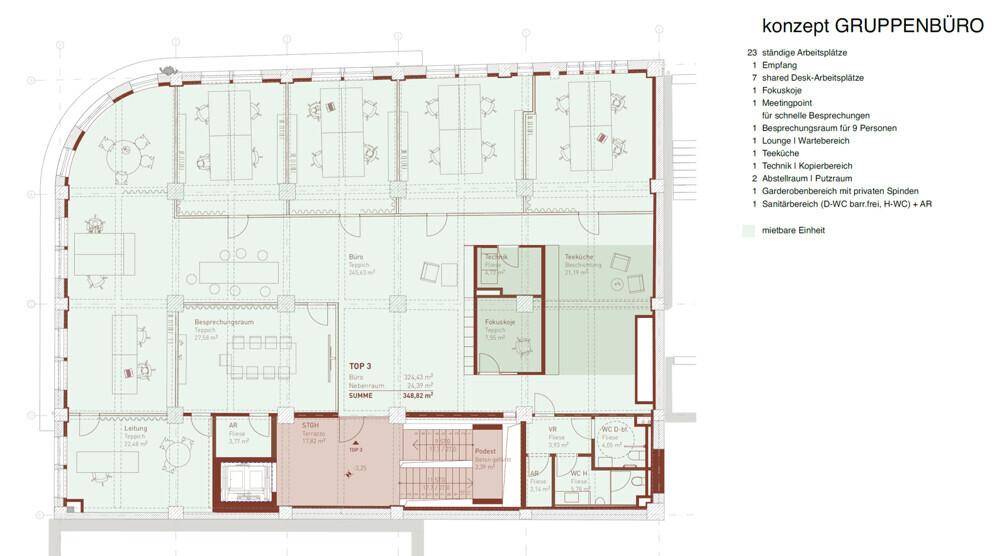 Grundrisskonzept für ein Gruppenbüro mit flexiblen Arbeitsbereichen und integrierten Besprechungszonen.