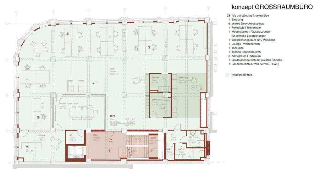 Detaillierter Grundriss für ein Großraumbüro, der die Anordnung von Arbeitsbereichen und Gemeinschaftsräumen zeigt.